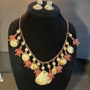🐢Brown Turtle Shell necklace and earrings set. Earrings are pierced on metal